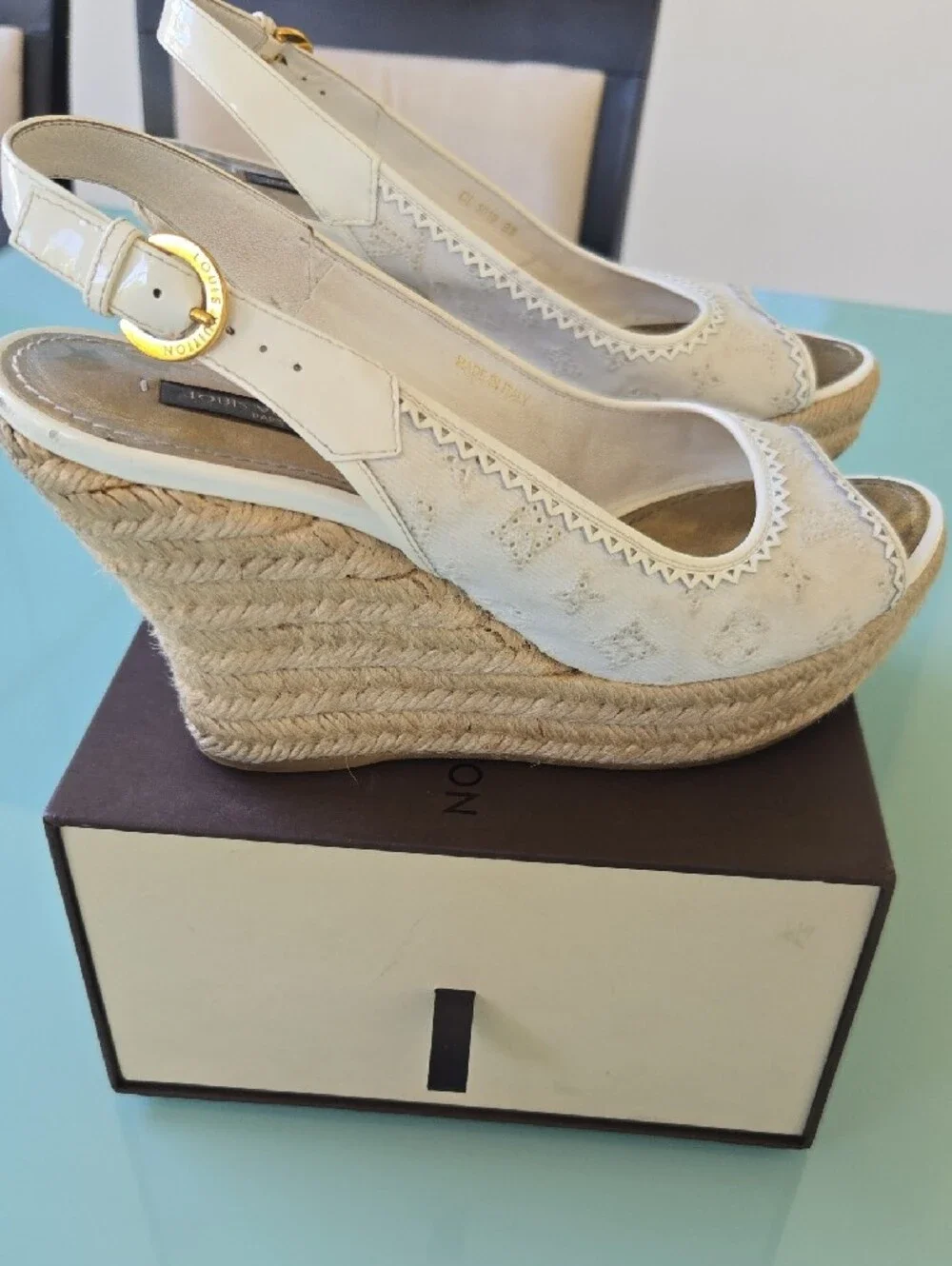 Louis Vuitton Cream Lace Slingback Espadrille Wedges with Gold Insole
